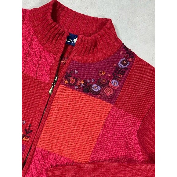 Vintage Tulchan Women's Large Zip Cardigan 100% Wool Red Floral Embroidered Fall - Picture 8 of 8